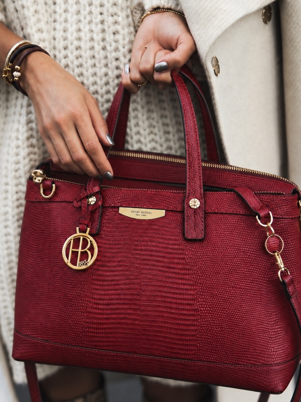 Henri BENDEL Crimson Red West 57th Croc Embossed Snakeskin Satchel Leather Bag